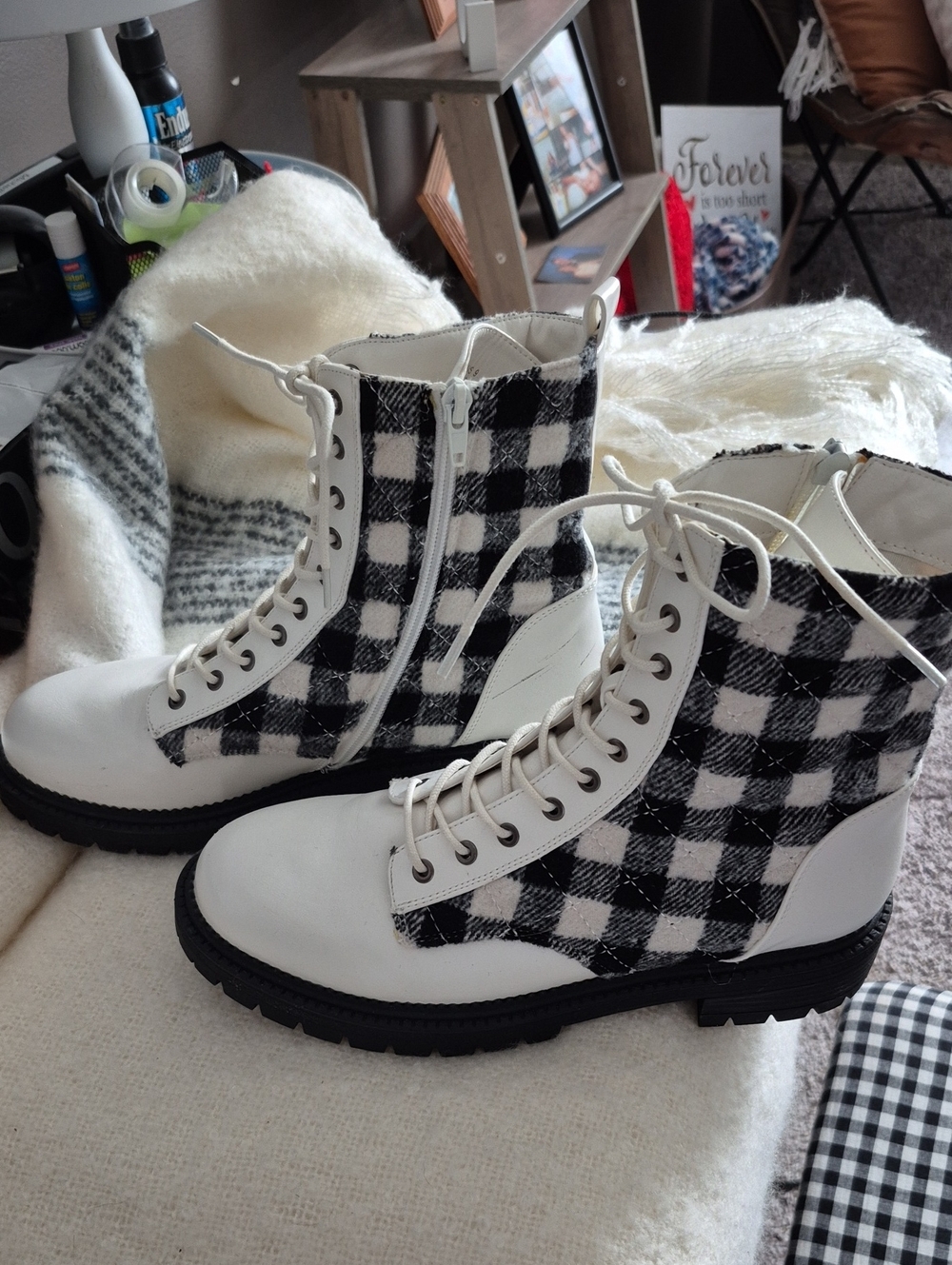 Plaid Lace-Up Combat Boots - Black & White Never Worn